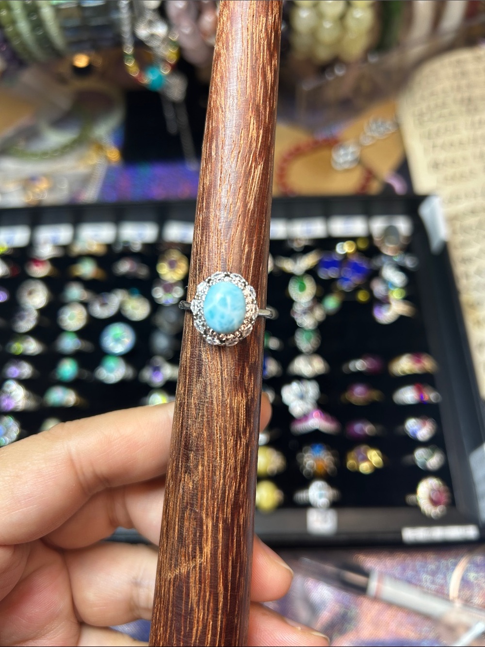 Sterling Silver Larimar Halo Ring - Blue Oval Gemstone adjustable ring band